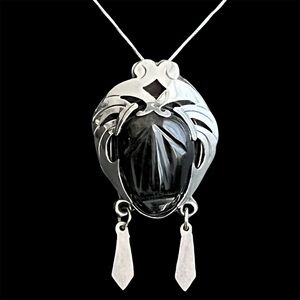 Vintage Taxco Mexico Large sterling silver obsidian warrior mask pendant